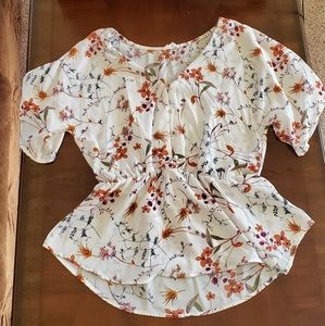 White Floral Print Flutter-Sleeve Blouse
